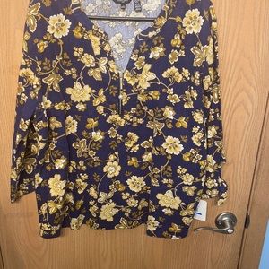 Ellen Tracy Linen Persian Indigo Floral Zip Front Tunic